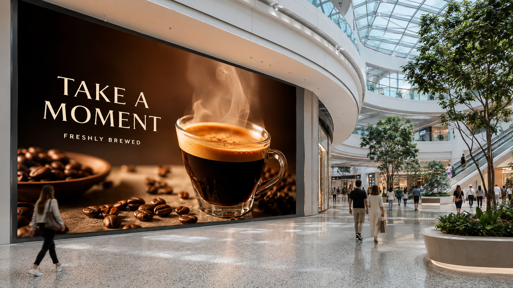 Écran LED avec publicité de café dans un centre commercial à verrière
