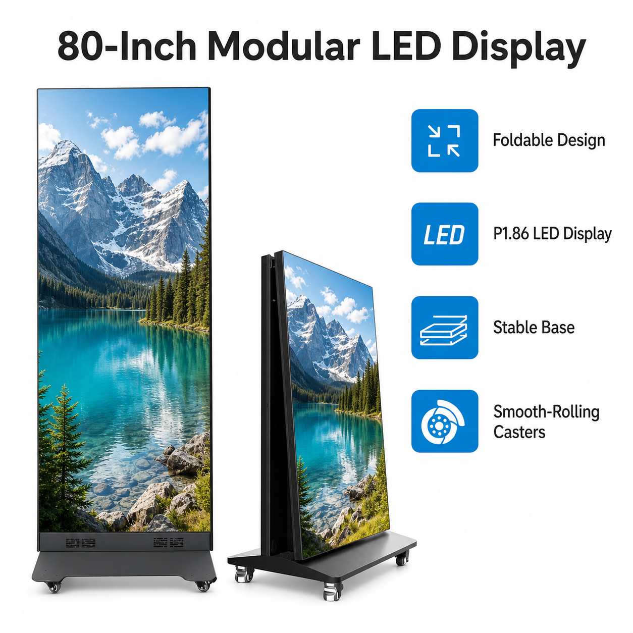 Afficheur LED sur fond blanc avec paysage de montagne et icônes bleues