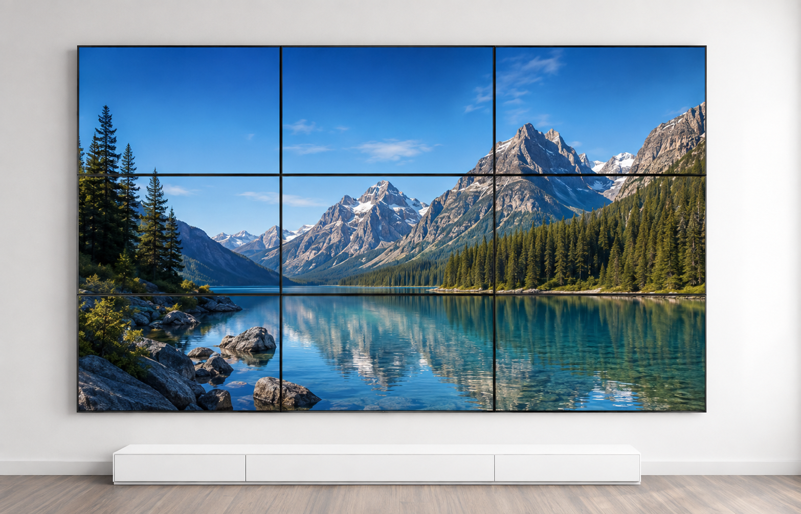 Mur vidéo LCD affichant un paysage de montagne et de lac